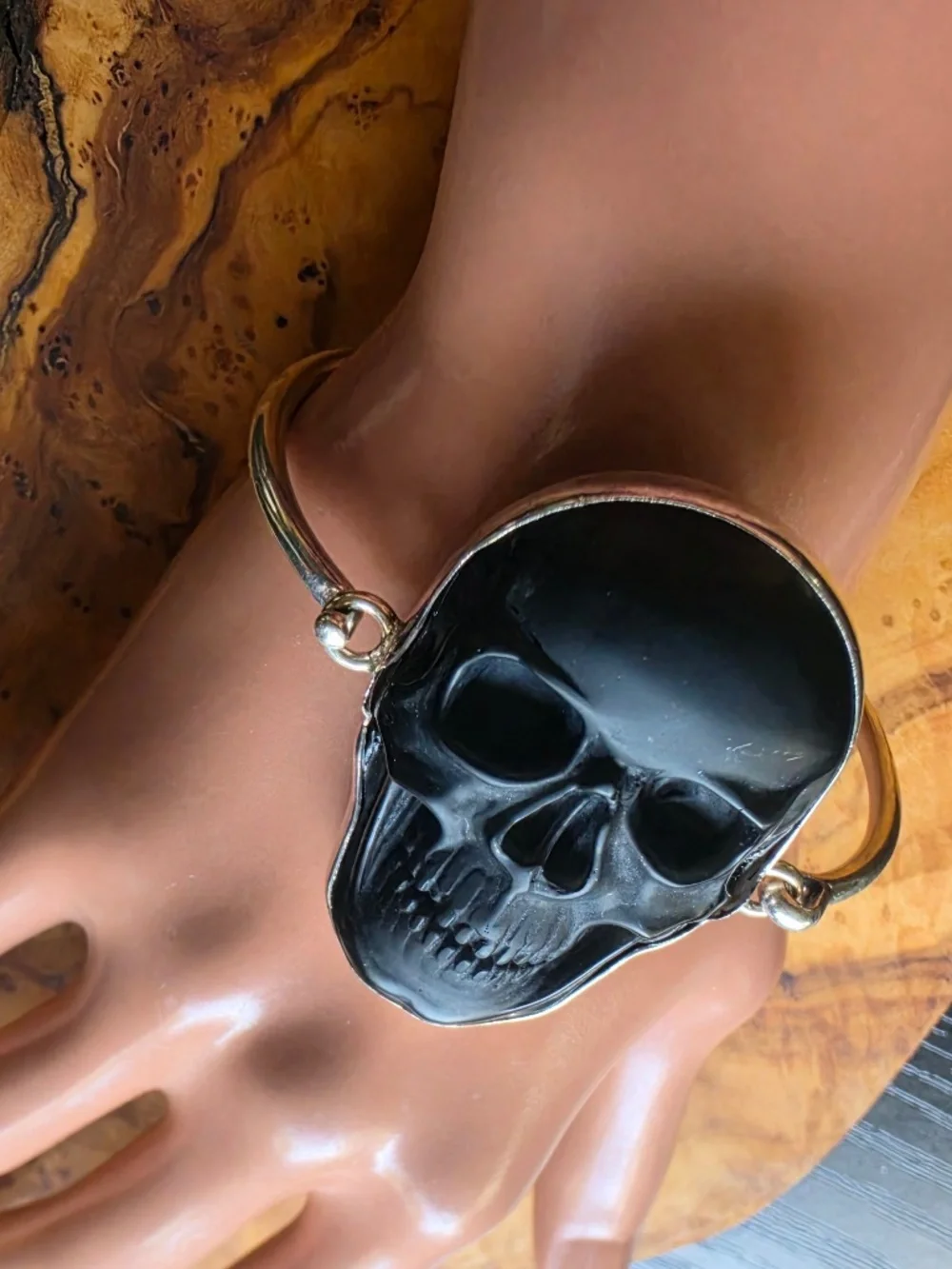 Obsidian & Fine Silver Skull Bangle